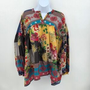 Johnny Was Small Floral Colorful Button Pullover Tunic Blouse 100% Silk